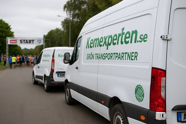 Transportbilar vid motionslopp med miljömärkning – hållbar logistik i fokus